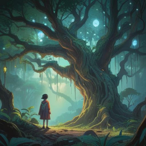 A serene and mystical illustration, a person standing under a large, ancient tree, soft light filtering through the leaves, ethereal atmosphere, symbols of spiritual growth surrounding them, reflective expression on the person's face, harmonious connection with nature, luminous dust particles in the air, vibrant yet calming colors, 4k