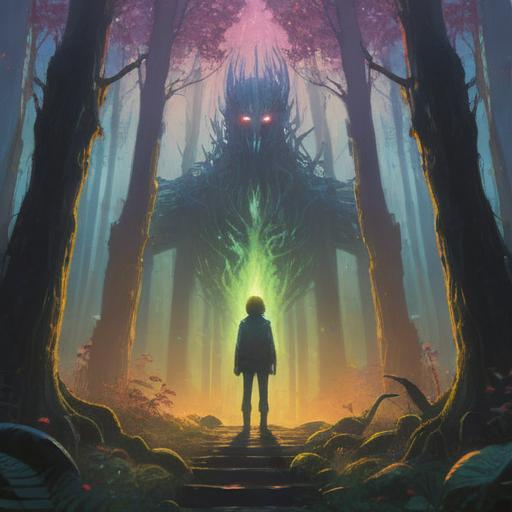 A reflective scene of a person standing in a misty forest, observing a glowing spirit symbol in the air, ethereal light illuminating their face, trees surrounding them with faint whispers, an aura of caution and awareness, spiritual guidance theme, serene atmosphere, 4k