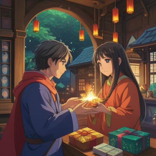 A serene illustration depicting the spiritual significance of spending money for others, warm interactions among people, hands exchanging gifts, a backdrop of a tranquil setting with soft lighting, symbols of generosity and kindness, vibrant colors representing love and compassion, 4k