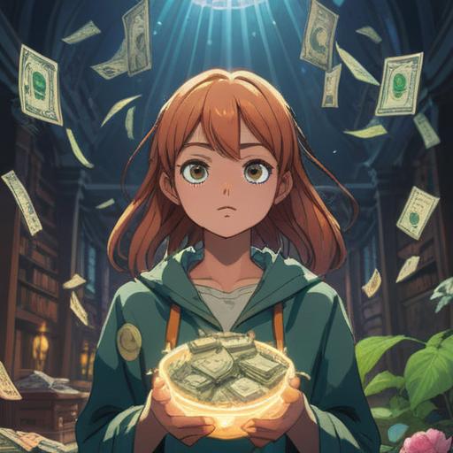 A serene and uplifting scene depicting a person joyfully giving money to those in need, rays of light shining down, symbols of abundance surrounding them, a sense of peace and fulfillment in their expression, gentle nature elements like flowers and birds, harmonious colors, representing spiritual connection and generosity, 4k