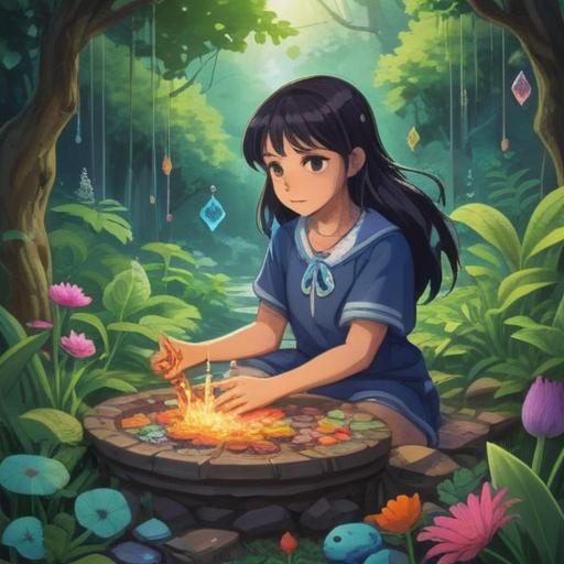 A serene illustration of a person finding relief in a tranquil garden, surrounded by symbols of positive energy like lucky charms and healing crystals, warm sunlight filtering through trees, peaceful expressions, gentle interactions with nature, promoting mindfulness and self-awareness, 4k