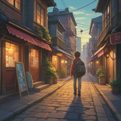 A serene street scene, a person being approached by a traveler asking for directions, a gentle aura surrounding them, soft golden light illuminating the interaction, symbolic elements representing guidance and spirituality, peaceful environment, flowing movement, harmonious connection, 4k