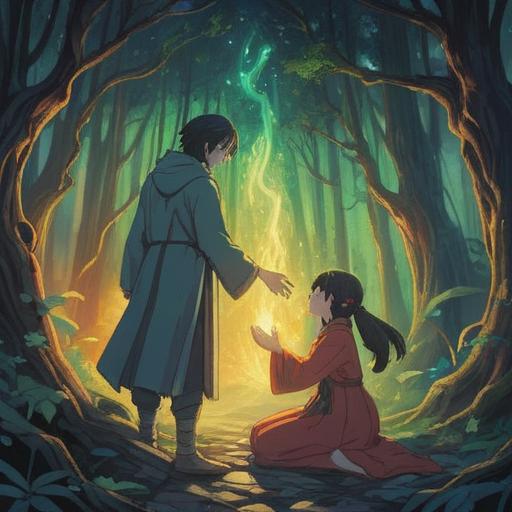 A serene illustration depicting a person interacting with another person, ethereal light surrounding them, symbolic representation of emotional connections, spiritual energy flows between them, tranquil nature setting, gentle expressions, representation of empathy and understanding, harmonious color palette, 4k