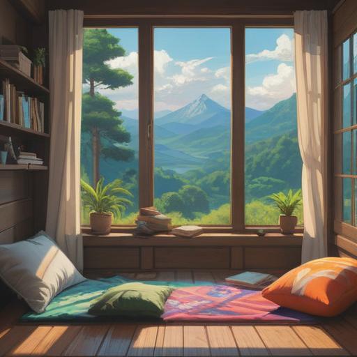 A serene and calming scene depicting a peaceful meditation space, soft natural light filtering through a window, a comfortable meditation cushion, surrounded by plants and soothing decor, an open book with tips on mindfulness and relaxation, a gentle breeze flowing in, tranquil atmosphere, inviting and harmonious, 4k