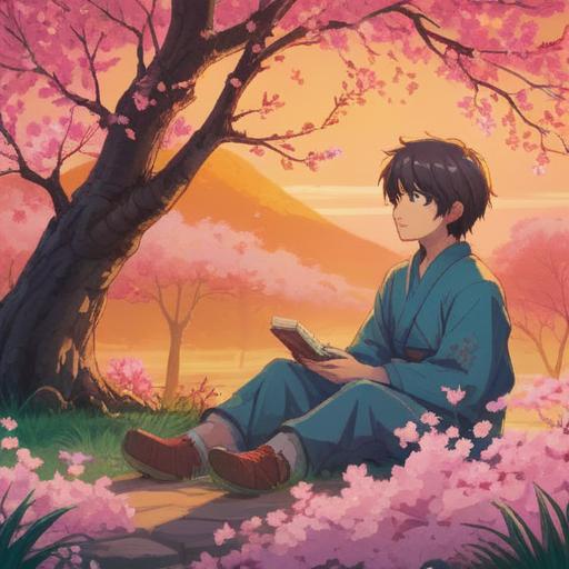 A serene scene depicting a person sitting peacefully under a blooming cherry blossom tree, engaging in a heartfelt conversation with a friend, soft sunlight filtering through the leaves, representing trust and openness, gentle facial expressions, a feeling of spiritual connection and guidance, nature surrounding them, peaceful ambiance, harmony and support, 4k