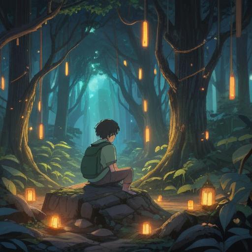 A spiritually introspective scene, a person sitting alone in a tranquil forest, surrounded by soft glowing lights, symbolic representations of introspection and solitude, gentle whispers of the wind, vibrant greenery, a serene atmosphere, conveying feelings of isolation yet connection to nature, 4k