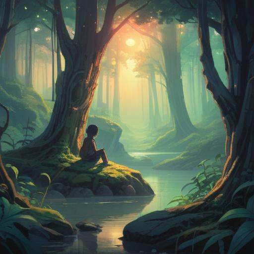 A mystical and serene scene, with a person sitting alone in a tranquil forest, ethereal light filtering through the trees, a subtle glow surrounding them, gentle spirits or ethereal figures appearing nearby, conveying a sense of comfort and support, hints of nature's beauty and harmony, symbolic representation of inner peace, soft pastel colors, dreamlike ambiance, 4k