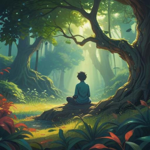 A serene landscape symbolizing spiritual awakening, a person meditating under a large tree, soft light filtering through the leaves, ethereal atmosphere, vibrant colors, peaceful expression, symbolizing inner peace and self-discovery, surrounded by nature, 4k
