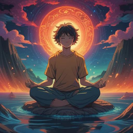 A serene and introspective scene, a person sitting peacefully in a meditation pose, vibrant energy waves surrounding them, a subtle shift in light representing detachment, ethereal symbols floating nearby, a tranquil forest background, a sense of inner peace and awakening, soft glowing aura, harmonious colors, 4k