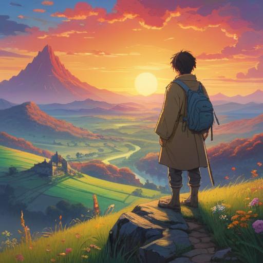 A serene landscape depicting a person standing on a hilltop, gazing at a horizon filled with vibrant colors of dawn, symbols of connection and energy in the air, gentle breezes swirling around, ethereal light illuminating the figure, capturing the essence of longing and spiritual connection, peaceful atmosphere, harmonious details, 4k