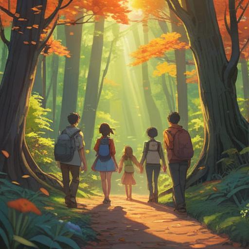 A serene scene depicting a diverse group of people engaged in deep conversation, warm sunlight filtering through trees, calming nature setting, expressions of understanding and empathy, notebooks and pens in hand, symbols of mindfulness and growth, fostering connection through shared experiences, harmonious atmosphere, inviting and peaceful environment