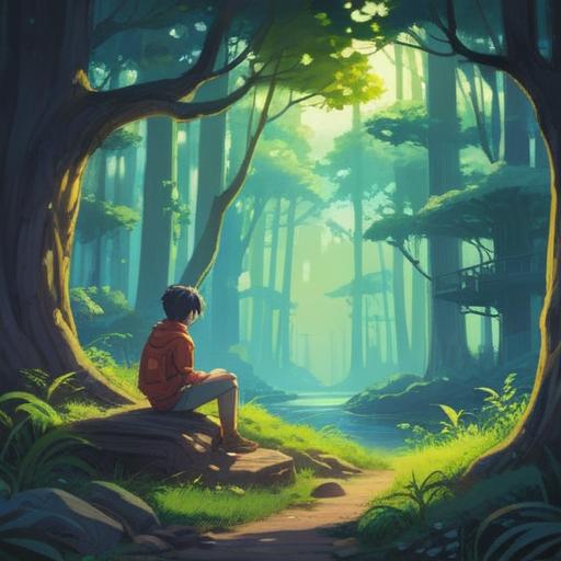 A serene, introspective scene depicting a person sitting alone in a tranquil natural setting, surrounded by gentle sunlight filtering through the trees, reflecting a sense of peace and self-discovery, emphasizing inner reflection and spiritual growth, subtle hints of nature symbolizing renewal and clarity, soft focus and calming color palette, 4k