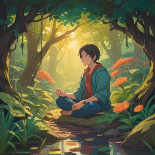 A serene and peaceful scene depicting a person meditating in nature, surrounded by gentle sunlight filtering through leaves, vibrant flowers, and calming water elements, a sense of tranquility radiating from the setting, a harmonious balance between body and spirit, warm colors, inviting atmosphere, emphasizing mindfulness and spiritual growth, 4k