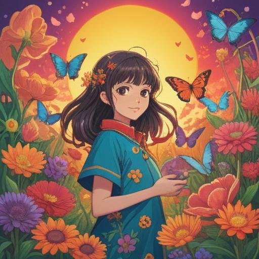 A bright and cheerful illustration of various uplifting items, including a vibrant sun, blooming flowers, and colorful butterflies, symbolizing positivity and abundance, gentle light illuminating the scene, harmonious colors, enchanting atmosphere, whimsical details, 4k