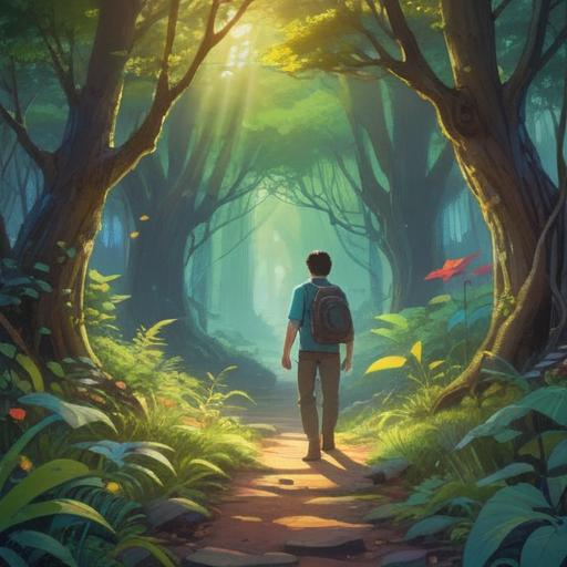 A serene scene depicting a traveler being approached by a kind stranger on a winding path, ethereal light filtering through the trees, symbolic nature elements representing guidance and enlightenment, peaceful expressions on both faces, soft glowing orbs suggesting a spiritual connection, uplifting atmosphere, 4k