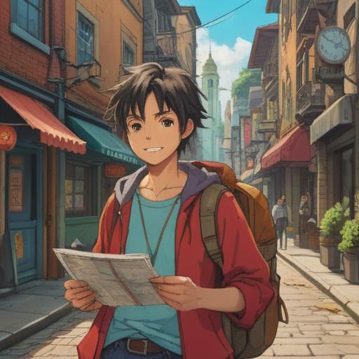 A person standing on a street, holding a compass and a map, with a friendly smile, surrounded by curious passersby, bright urban environment, sunlight filtering through trees, vibrant cityscape in the background, clear blue sky, 4k