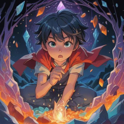 A vibrant illustration of a confident individual surrounded by various lucky crystals, each crystal glowing with a unique color, the person radiating positivity and self-assurance, a serene background with soft natural elements, bright sunlight filtering through trees, inspiring and uplifting atmosphere, clear focus on the crystals and the individual's expression, 4k