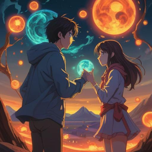 A serene scene depicting two individuals engaged in a heated argument, surrounded by glowing orbs of light symbolizing spiritual energy, contrasting emotions visible on their faces, a backdrop of swirling clouds representing inner turmoil, a sense of transformation and growth palpable in the air, intertwining energies suggesting healing potential, 4k