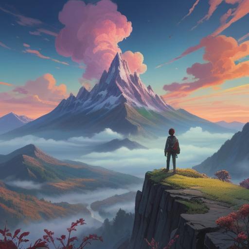 A serene illustration of a person standing alone on a misty mountain, surrounded by ethereal clouds, representing the desire for distance from others, soft light filtering through the haze, a sense of introspection and spiritual growth, tranquil colors, peaceful atmosphere, deep emotional resonance, 4k