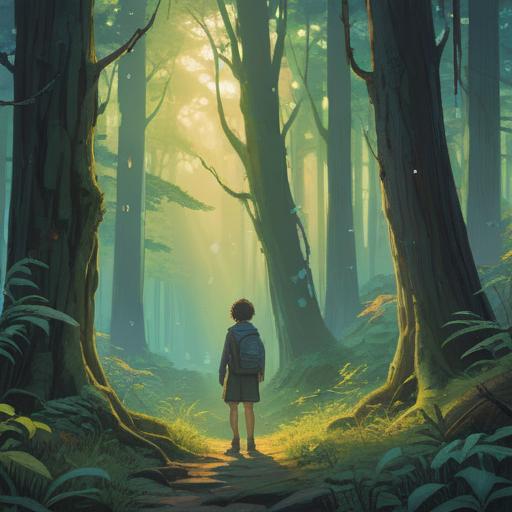 A serene and contemplative scene, person standing alone in a tranquil forest, soft sunlight filtering through the trees, ethereal glow surrounding the figure, peaceful expression on their face, symbolic representation of self-reflection and personal growth, gentle breeze rustling leaves, vibrant greenery, harmonious atmosphere, 4k