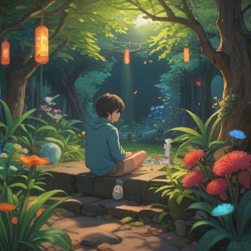 A serene and introspective scene, featuring a person sitting alone in a tranquil garden, surrounded by colorful lucky items scattered around, such as a small jade plant, a pair of lucky cat figurines, and a vibrant dreamcatcher hanging from a tree, soft sunlight filtering through the leaves, creating a peaceful and comforting atmosphere, conveying a sense of solitude and reflection, 4k