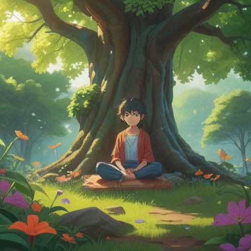 A serene nature scene, a peaceful individual meditating under a large tree, gentle sunlight filtering through the leaves, vibrant flowers surrounding, flowing energy represented as soft glowing waves, vibrant colors, harmonious atmosphere, spiritual symbols subtly integrated, 4k