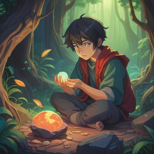 A serene illustration of a person in a tranquil setting, holding a glowing lucky stone, gentle light radiating from the stone, soft-focus background of nature with lush greenery, calming atmosphere, relaxed expression on the person's face, soothing colors, highlighting the concept of healing from social fatigue, 4k