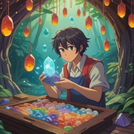 A serene and calming scene of a person selecting lucky stones for emotional healing, surrounded by various colorful crystals, soft natural light filtering through trees, a peaceful garden atmosphere, thoughtful expression, gentle hands touching the stones, vibrant colors, 4k