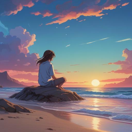 A serene landscape depicting solitude, a lone figure meditating under a twilight sky, gentle waves lapping at a quiet shore, soft glowing orbs symbolizing inner peace, ethereal colors fading into darkness, an atmosphere of reflection and introspection, natural elements harmonizing with the sense of detachment, 4k