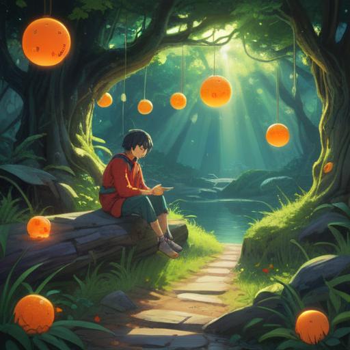 A spiritual scene depicting a person in solitude, surrounded by glowing orbs of light, serene natural setting, lush greenery, gentle sunlight filtering through the trees, ethereal atmosphere, soft color palette, inner peace and reflection, symbolic representation of personal growth and self-discovery, tranquil river in the background, 4k