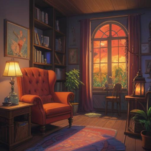 A serene indoor scene, a cozy corner with a comfortable chair, warm ambient light, a small table with essential oil bottles, calming plants around, a gentle aroma wafting through the air, soft pillows, a peaceful expression on a person relaxing, warm colors, inviting atmosphere, mindfulness in the moment, 4k