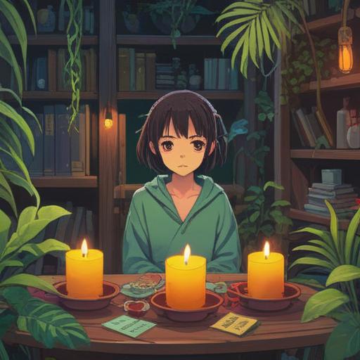 A serene illustration of an aromatherapy scene, calming colors, essential oils and diffusers, soothing ambiance with candles and plants, a person meditating surrounded by aromatic vapors, gentle light filtering through a window, peaceful atmosphere, nature-inspired elements, 4k