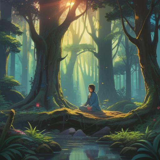 A mystical forest scene, ethereal light filtering through the trees, a figure meditating peacefully, symbols of awakening and spiritual signs in the air, a sense of tranquility and introspection, lush greenery surrounding, subtle energy waves, a path leading into the unknown, dreamlike atmosphere, enchanting colors, 4k