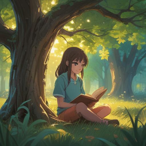 A serene scene of a person enjoying a peaceful moment alone, surrounded by nature, reading a book under a large tree, sunlight filtering through leaves, a cup of tea beside them, feeling of tranquility and self-reflection, soft shadows, inviting atmosphere, 4k