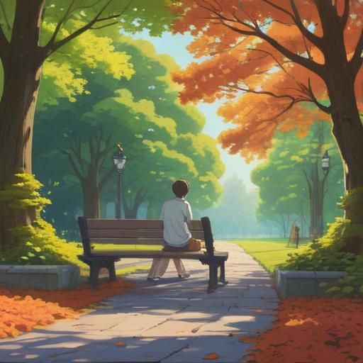 A serene illustration of a person sitting on a bench in a peaceful park after a social gathering, gentle sunlight filtering through trees, subtle expressions of fatigue blended with calmness, soft ethereal glow surrounding the individual, tranquil nature scene, butterflies fluttering nearby, symbolizing transformation, a sense of spiritual renewal and reflection, 4k