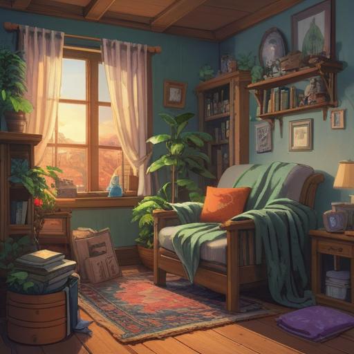 A cozy scene of a serene room filled with soothing elements, a soft, plush blanket draped over a comfortable chair, a calming herbal tea set on a wooden table, warm candlelight flickering gently, decorative lucky charms hanging from the walls, peaceful greenery visible through the window, inviting atmosphere, relaxation and rejuvenation, 4k