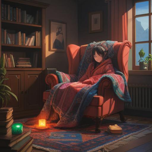 A cozy scene featuring a favorite item for relieving mental exhaustion, a plush blanket draped over a comfortable armchair, soft lighting from a nearby lamp, a steaming cup of herbal tea on a side table, a bookshelf filled with beloved novels, calming atmosphere, soothing colors, inviting textures, serene home interior, peaceful retreat, 4k
