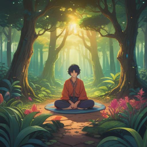 A serene illustration representing personal growth, soft and calming colors, a character in meditation, surrounded by nature, ethereal light filtering through trees, symbolizing introspection and solitude, spiritual symbols gently woven into the background, peaceful atmosphere, 4k