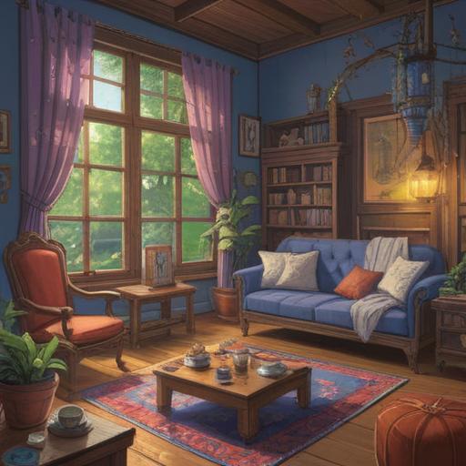 A calming collection of items for refreshing the mind, soothing colors, a cozy atmosphere, herbal tea, a soft cushion, essential oil diffuser, open window with gentle sunlight, peaceful nature scene outside, inviting and tranquil setting, 4k