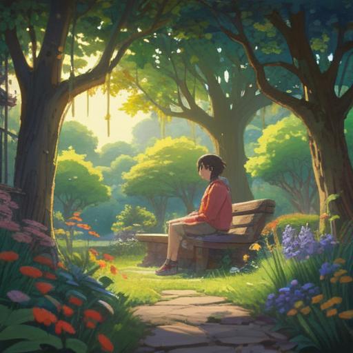 A serene and introspective scene, a person sitting alone in a peaceful garden, surrounded by blooming flowers and trees, soft sunlight filtering through the leaves, reflective water feature, calm atmosphere, symbolizing personal growth and spiritual awakening, 4k
