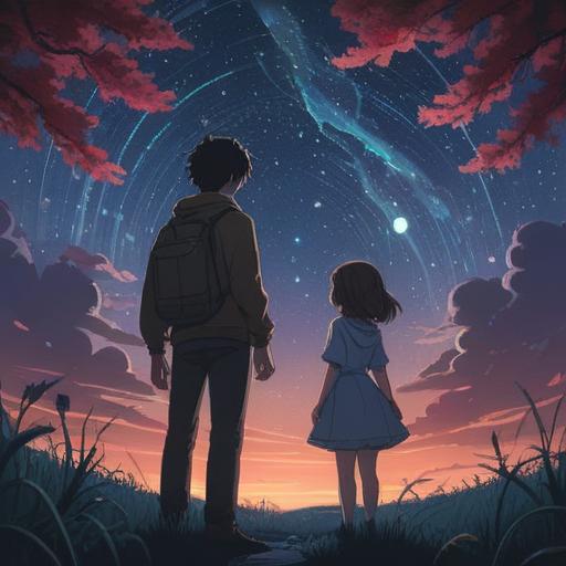 A serene and contemplative scene, two silhouettes standing apart under a starry night sky, ethereal lights connecting them symbolically, a gentle glow surrounding them, soft pastel colors, a sense of peace and clarity, spiritual symbols floating in the air, nature in the background, harmonious atmosphere, 4k