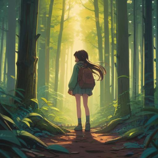 A serene illustration of a person standing at the edge of a forest, sunlight filtering through the trees, gentle breeze rustling leaves, soft colors conveying hope and renewal, a supportive figure appearing in the background, symbols of encouragement like butterflies and blooming flowers, peaceful atmosphere, uplifting, 4k