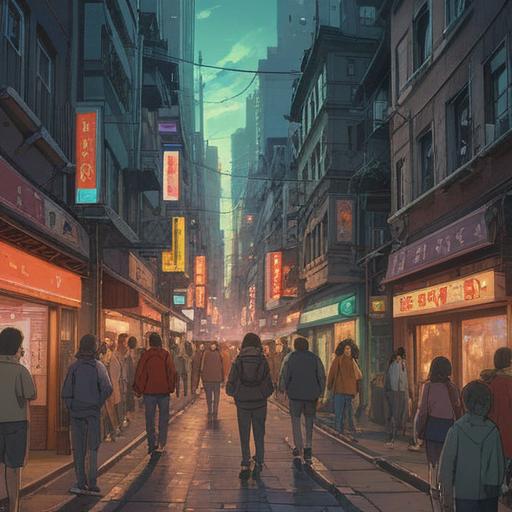 A crowded urban street filled with people, a tired figure standing amidst the throng, ethereal light shining down, representing a sense of spiritual fatigue, vibrant colors contrasting with muted tones, reflective expressions on faces, an overwhelming atmosphere of hustle and bustle, hints of inner tranquility, urban spirituality, 4k