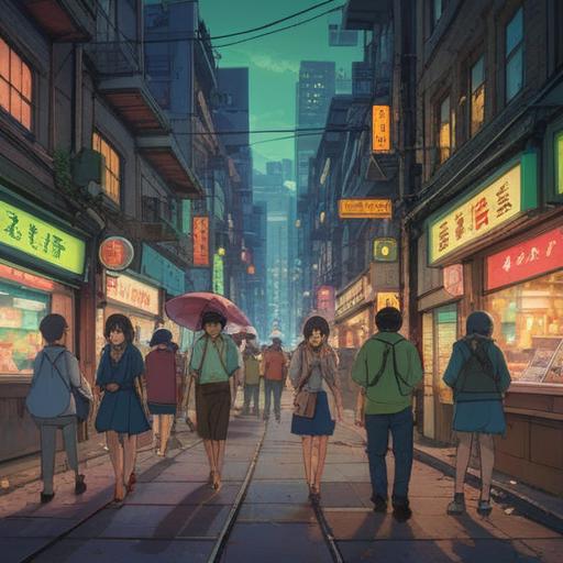 A crowded urban scene, people rushing by, a character looking overwhelmed and tired, subtle ethereal glow around the character, hints of spiritual symbols in the background, soft light filtering through the crowd, reflective mood, contemplation of inner peace, 4k
