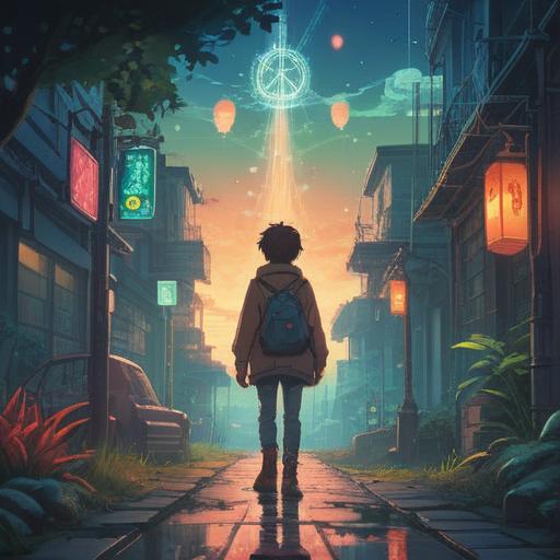 A serene scene depicting a person standing at a crossroads, ethereal lights in the background, symbols of peace and guidance in the air, gentle whispers of nature, vibrant colors representing positive energy, soft glow illuminating their path, a sense of calm and assurance, 4k