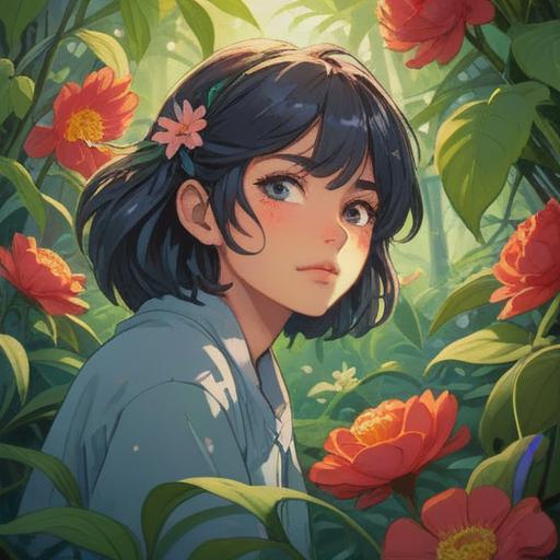 A serene scene depicting a person surrounded by fragrant flowers, gentle sunlight filtering through leaves, a peaceful expression on their face, hints of warmth and comfort in the air, ethereal glow surrounding the blooms, emphasizing the uplifting and comforting essence of scent, tranquil environment, vibrant colors, 4k