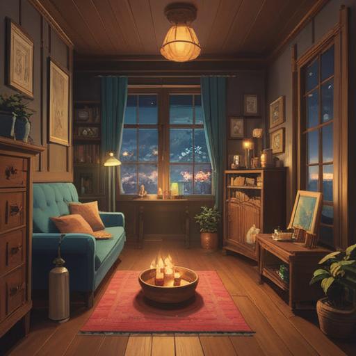 A serene and comforting scene depicting a cozy room filled with soft, warm light, a gently flickering candle, fragrant incense wafting through the air, a plush armchair with a soft blanket draped over it, calming essential oil bottles on a table, gentle shadows dancing on the walls, a sense of tranquility and emotional support, soothing atmosphere, 4k