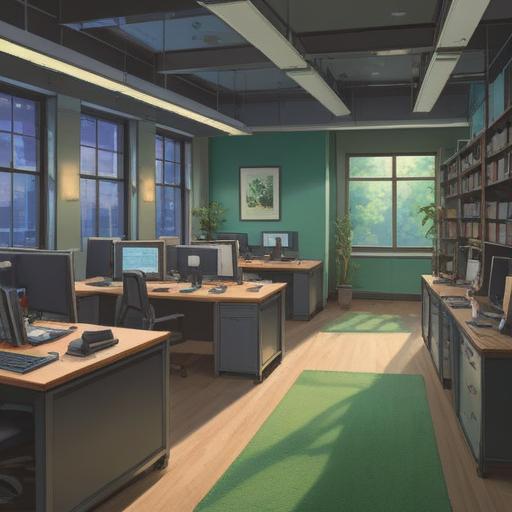 A serene office setting, people quietly departing, a sense of calm and transformation, soft light illuminating the space, subtle hints of nature through windows, symbolic objects representing new beginnings, peaceful emotions in the air, spiritual essence of change, 4k