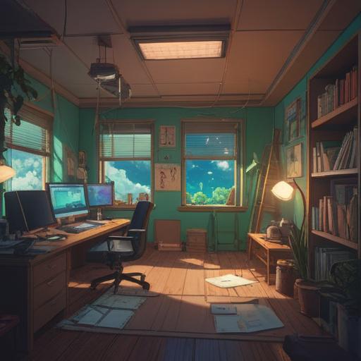 A serene office environment with empty desks, subtle spiritual symbols in the background, glowing light indicating departure, a person looking contemplative, soft aura, signs of change and transition, peaceful yet thought-provoking atmosphere, 4k