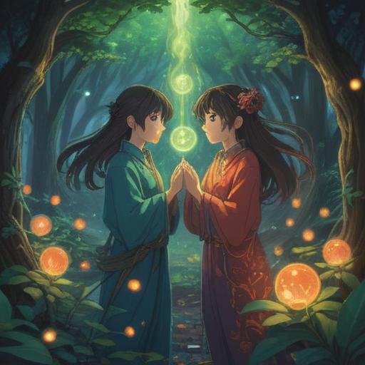 A mystical depiction of spiritual energy transfer, ethereal light surrounding two figures, glowing orbs symbolizing consciousness, serene expressions, nature-inspired background, vibrant colors representing transformation, harmonious connection, 4k